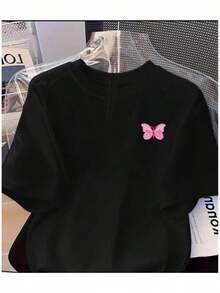 Casual T-Shirt With Pink Butterfly Print - Comfortable Short-Sleeve Summer T-Shirt, Lightweight Polyester Fabric, Crew Neck, Machine Washable, Everyday Wear | Modern Casual Style | Soft Texture Pure Cotton T-Shirt, Women's T-Shirts, Women's Blouses, Casual Blouses For Ladies - 黑色 - 查看 1
