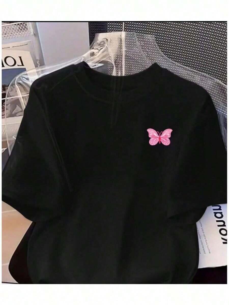 Casual T-Shirt With Pink Butterfly Print - Comfortable Short-Sleeve Summer T-Shirt, Lightweight Polyester Fabric, Crew Neck, Machine Washable, Everyday Wear | Modern Casual Style | Soft Texture Pure Cotton T-Shirt, Women's T-Shirts, Women's Blouses, Casual Blouses For Ladies - 黑色 - 查看 1