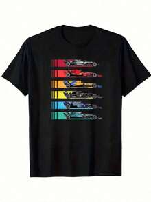Camia con estampado de coche de carreras, 180G, blanco y negro, cuello redondo, corte holgado básico, transpirable, versátil, lavable a máquina, cómoda, S - 3XL, ideal para uso diario casual, deportivo, esencial para el verano Adecuado como regalo. playera de mujer. blusas>elegantes. boho chic,Top de mujer suave, transpirable y cómodo, ideal para primavera, verano y otoño, perfecto para vacaciones, viajes y uso diario. - Negro - Ver 2