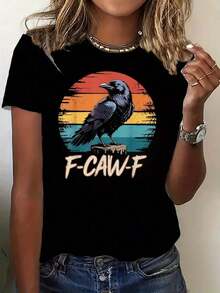 Men's Casual Crew Neck T-Shirt, 100% Heavyweight Cotton, With "F-CAW-F" Crow Print, All Seasons, Regular Fit, Casual Wear, Best Seller - 黑色 - 查看 1