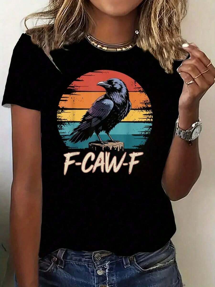 Men's Casual Crew Neck T-Shirt, 100% Heavyweight Cotton, With "F-CAW-F" Crow Print, All Seasons, Regular Fit, Casual Wear, Best Seller - 黑色 - 查看 1