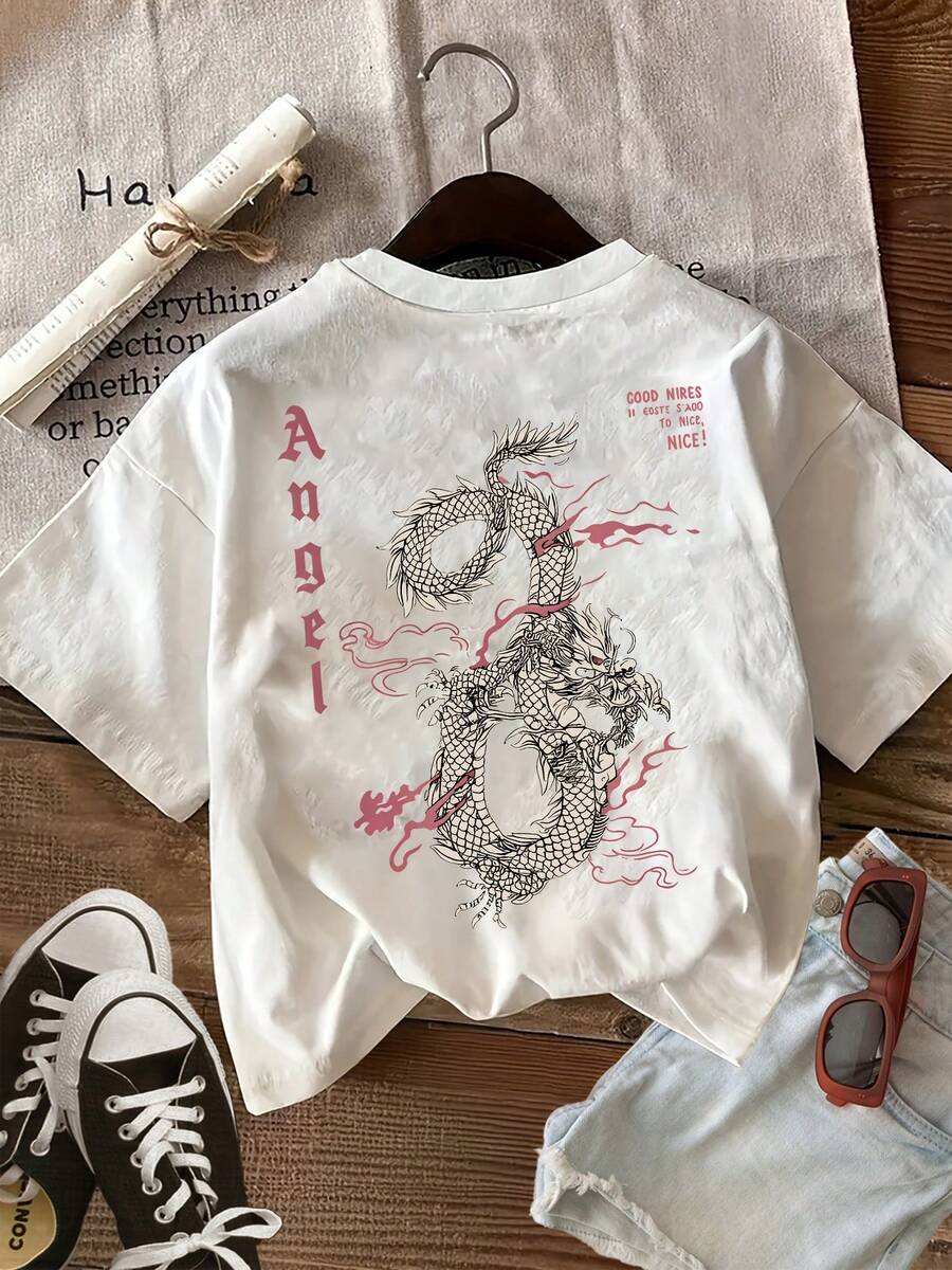 Camiseta de manga corta estampada, top casual de cuello redondo, ropa de mujer para primavera y verano - Blanco - Ver 1