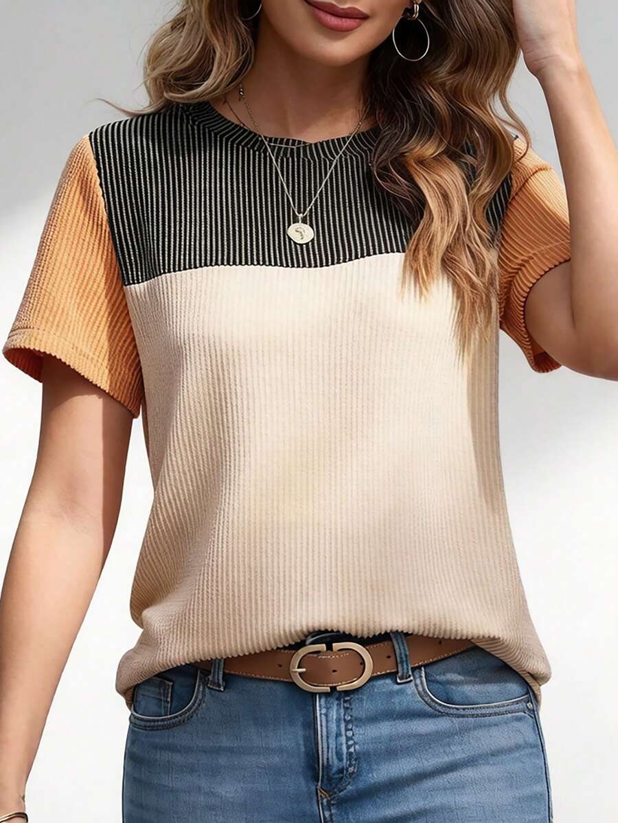 CILKOO Áo thun nữ tay ngắn cổ tròn phối màu tương phản, chất liệu gân sọc, màu đen, thích hợp cho mùa hè. - màu đen - Xem 1