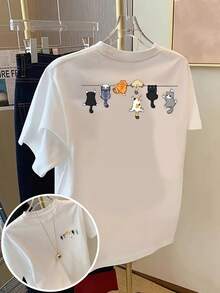 Mexican Basic Short-Sleeve T-Shirt With Front And Back Print - Cat Lanyard,  Cartoon Cat Print. Unisex Loose-Fitting Printed T-Shirt For Men And Women, Casual Spring And Summer Wear, A Fashion Essential. New Release - 白色 - 查看 12