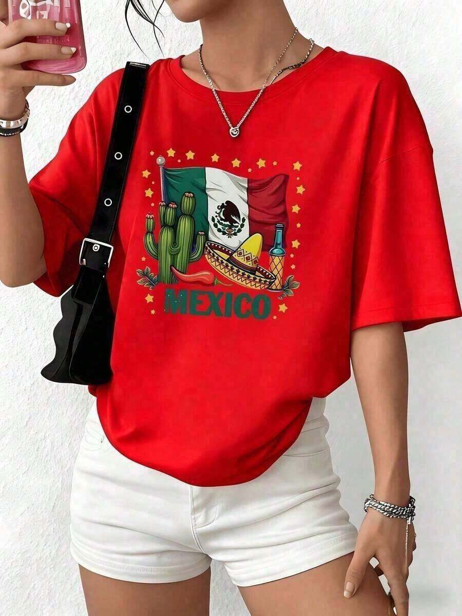 playeras de mujerPlayera algodón suave para mujerBandera de México con cactus sombrero chile y botella que celebran el orgullo nacional en colores vibrantes camiseta para mujer 1% algodón cómoda y casual,Playera mujer oversize estampada verano casualblusas para mujer - Rojo - Ver 1