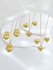1/3 Sets Gold Tone Women Necklace Set, Gold Jewelry Combo Including Heart Necklace Set, Bow Necklace Set, Geometric Earrings Set, Necklace And Earrings Matching Design, Vintage Elegant Vibe, Made Of High-Quality Stainless Steel, Waterproof, Hypoallergenic, Fade-Resistant - Multicolor - View 9