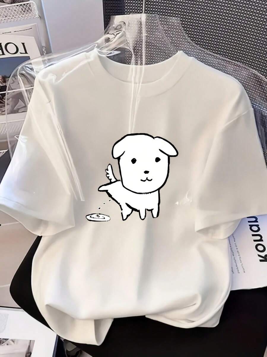 Bobari Friends Oversize T-Shirt, With Hand-Painted Puppy Raising Its Paw Design, Fun And Funny Dog Print, Loose And Versatile Style, Ideal For Couples And Best Friends, Short Sleeve - High Quality. - 白色 - 查看 1
