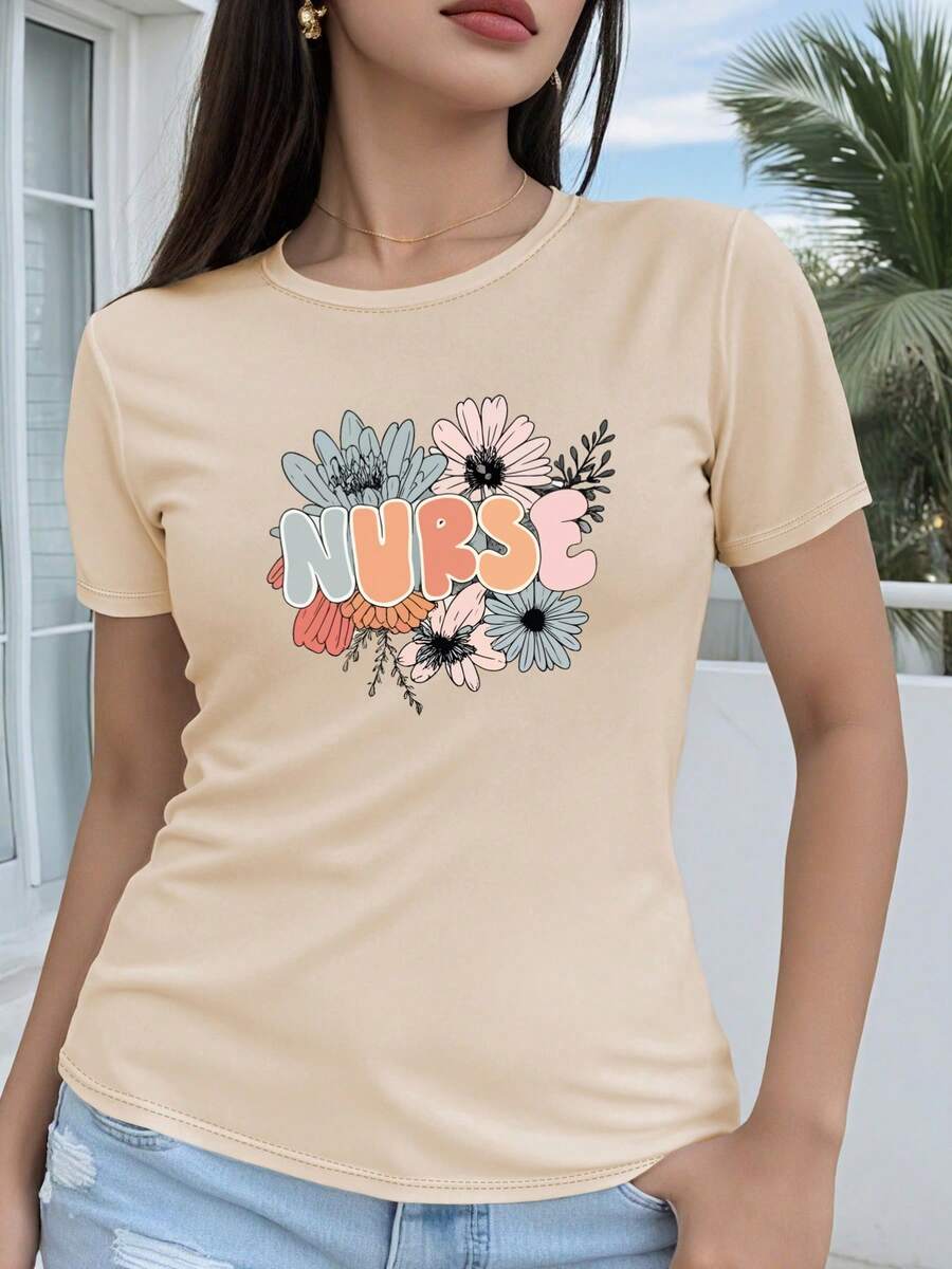 Women's T-Shirt 100% Cotton, Short Sleeve, Regular Fit - Vibrant Design With Floral Nurse Print And 2D Geometric Drawing, Casual And Fun Style, Round Neck, Available In Multiple Colors And Sizes For All Seasons, Festive Fashion, Retro Aesthetic, Breathable Material, Fun. - 杏色 - 查看 1