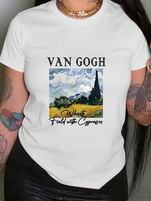 Women's T-Shirt 100% Cotton - Van Gogh T-Shirt For Women - Short Sleeve, Round Neck, Casual Style With Van Gogh Print, Not Compatible With Blouses, For Galleries, Casual And Themed Outfits. | Machine Washable Spring And Summer Clothing (Regular Fit) - 白色 - 查看 12