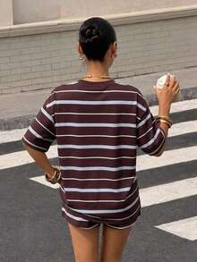 2026   Set de 2 piezas de outfit casual de camiseta de manga corta a rayas negras y blancas con pantalones cortos - Multicolor 7 - Ver 2