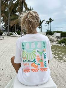 1 Piece [Double-Sided Print] Women's Casual Summer T-Shirt. Cool Style With Pineapple, Sun And Palm Print LA VITA, Short Sleeve, Round Neck, Loose Fit And Dropped Shoulders [LangK] 100% Cotton - 白色 - 查看 4
