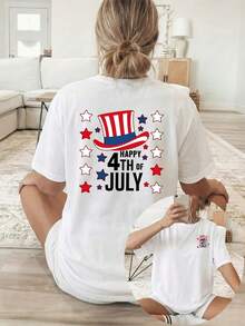 [Double-Sided Print] Women's Short-Sleeved, Crew-Neck T-Shirt In A Casual Style, Featuring A US Independence Day Print That Combines The Star-Spangled Banner With Star-Shaped Text. Machine Washable, Suitable For Casual Wear, Versatile Clothing, A  And Fashionable T-Shirt Made Of Comfortable Material, Perfect For Fashion Enthusiasts. - 白色 - 查看 7