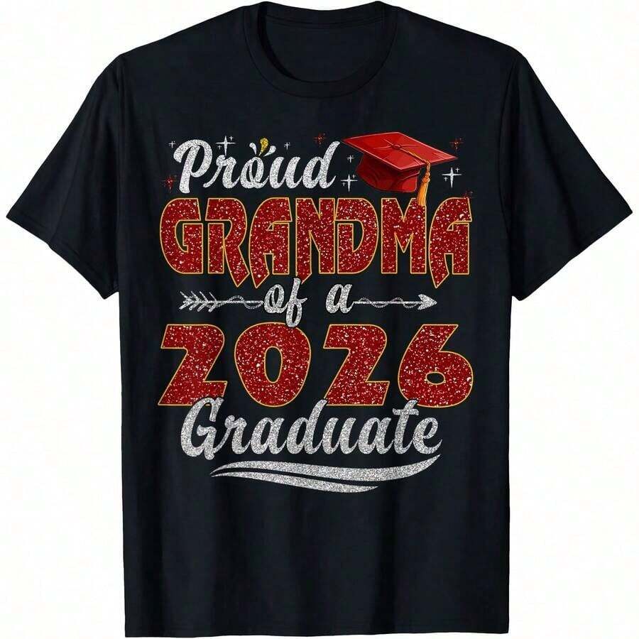 Proud Grandfather Of A Class Of 2026 Graduate, Class Of 2026 Family T-Shirt, Comfortable Loungewear, Everyday Fashion, Party Wear, Unisex Style, Gift T-Shirt, Sizes S - XXXXL, Black - 黑色 4 - 查看 1