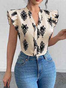 Blusa corta de cuello V con botonadura simple, mangas cortas aladas con volantes y estampado, nueva colección mujer 2026 estilo europeo americano - Albaricoque 1 - Ver 3