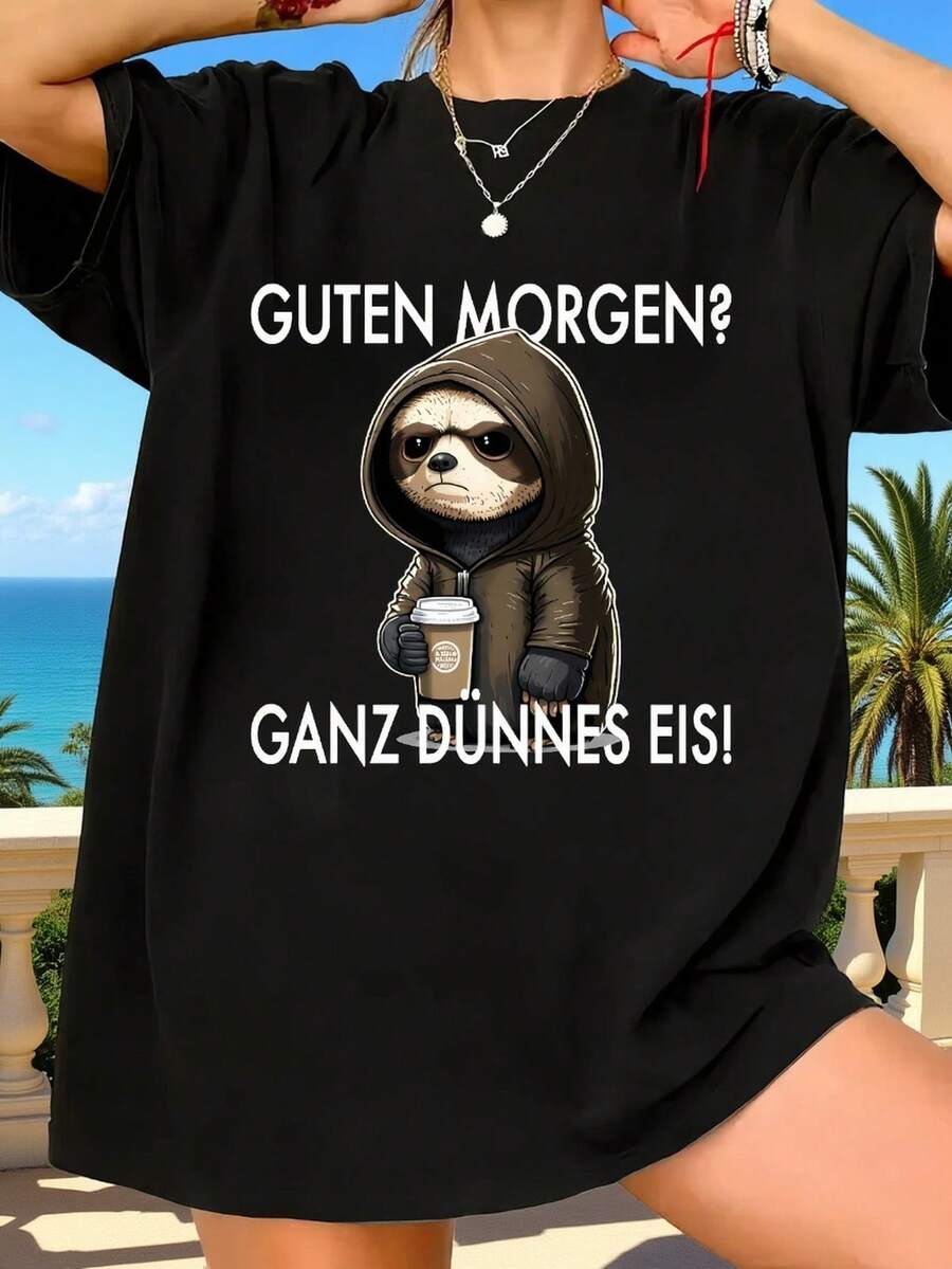 Good Morning. Slim Ice! Fashionable Casual Short Sleeve Print For Plus Size Women In Europe And America, Comfortable Loose Fit Stretch Fabric Clothing For Plus Size Women, Cool Round Neck Sweater For Spring And Summer Tee - 黑色 - 查看 1