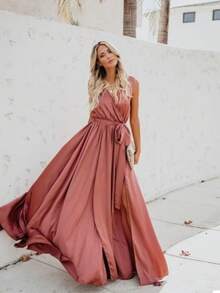 Women's Elegant Bohemian Maxi Dress, Plain V-Neck Sleeveless High Slit Full Panel Skirt - 粉色 - 查看 3