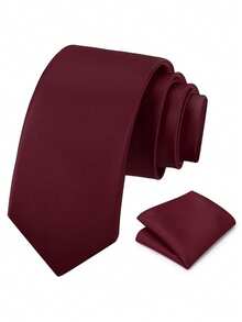 1 Set Men's Solid Color Classic Formal Tie And Pocket Square Set - Burgundy - View 2