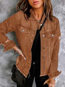 Necooer Women's Denim Jacket Old Wash Button Boyfriend Denim Jacket Jacket With Pocket - màu nâu - Xem 13