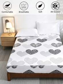 1pc Black & White Leopard Print Heart Pattern Fitted Sheet, Minimalist Modern Style Polyester Fitted Sheet, Suitable For All Seasons, Soft & Breathable, Machine Washable, Deep Pocket - Black and White - View 2
