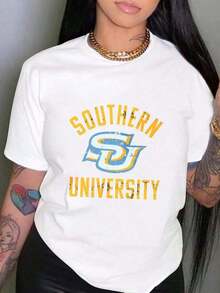 Heavyweight Wo's Oversized Crew Neck Cotton Graphic Print T-Shirt, Southern University Logo Print, Casual Wear, Loose Fit Short Sleeve T-Shirts For Spring, Fashionable Summer Basic T-Shirts, Fun Clothing With Black And White Options, Party Gift, Women's Hit. - 白色 - 查看 7