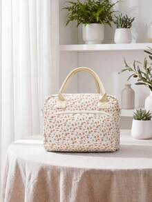 1Piece Portable Lunch Bag Large Reusable Insulated Lunch Box Bento Pouch Dinner Insulation Bag Student Thickened Cute Lunch Fruit Bag Pink Strawberry Stripe Leopard Print Small Floral Bag For School School Accessories School Stuff - 紅碎花 - 查看 2