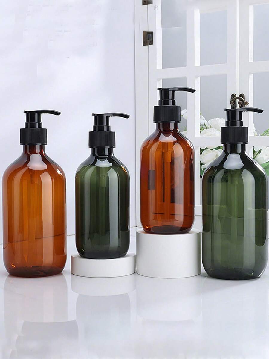 300ml/500ml Refillable Amber Plastic Pump Bottle, Unscented, Latex-Free, Suitable For Shampoo, Lotion, Gel, Cosmetics, Bathroom Products