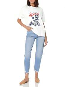Women's Short-Sleeved T-Shirt, Slim Fit, Casual, With A Print Of A Person On A Motorcycle With A Red Cap, Made Of Soft Cotton, Round Neck, Basic And Versatile. - 白色 - 查看 2