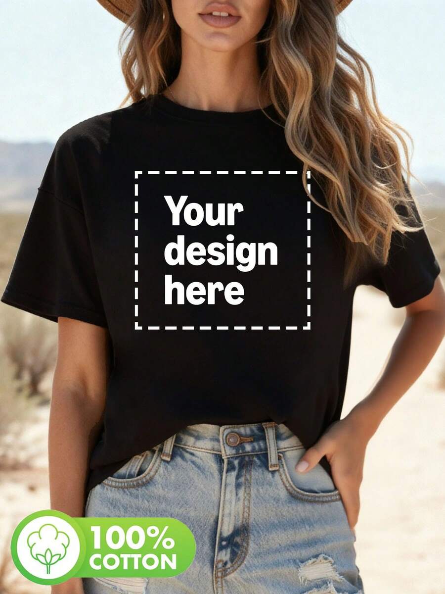 Camiseta Personalizada para Mujer con Tu Propia Imagen - Manga Corta y Cuello Redondo, Ideal para Verano y Primavera, Lavable a Máquina, Top Casual para Branding, Eventos y Regalos[COD] - Negro - Ver 1
