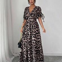 Nana's Women's Clothing Store  Vestido largo con escote en V, cintura ceñida y estampado de leopardo, de manga media en corte evasé para mujer - Albaricoque - Ver 4