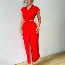 YijiaNvz  Vestido largo sencillo y casual de unicolor con botones al frente y mangas cortas para mujer - Rosa Fucsia - Ver 6