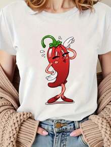 Women's Pepper Print T-Shirt - Casual Round Neck Blouse Suitable For Parties, Role-Playing, And Casual Wear - Soft, Comfortable, And Stretchy Costume (Machine Washable) Casual Blouses For Ladies - 白色 - 查看 1