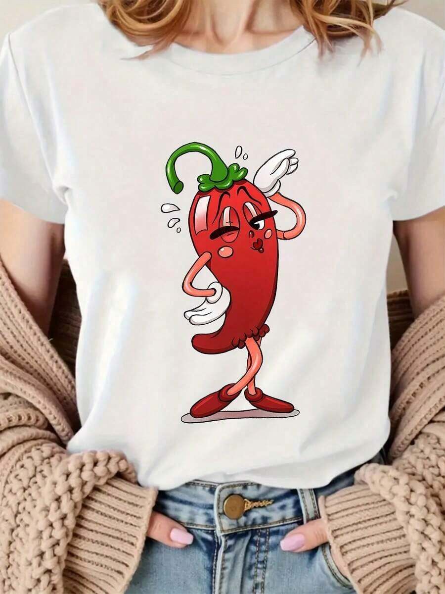 Women's Pepper Print T-Shirt - Casual Round Neck Blouse Suitable For Parties, Role-Playing, And Casual Wear - Soft, Comfortable, And Stretchy Costume (Machine Washable) Casual Blouses For Ladies - 白色 - 查看 1