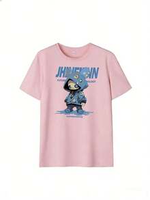 Blue Streetwear Character T-Shirt With "JHINEINN" Text, Fashionable Short-Sleeve T-Shirt For Spring/Summer 2026, Made In Mexico, 180 Grams. Cartoon Print, Couple Design, Suitable For Indoor Or Outdoor Wear. Crew Neck, Unisex, Ideal For Office And Leisure. One-Pack. - PK-P631577SLNDXZGY635 - 查看 2