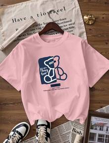 Blue And White Line Bear "Happy Bear" T-Shirt, Fashionable Short-Sleeved T-Shirt For Spring And Summer 2026, Made In Mexico, 180 Grams. Cartoon Print, Couple Design, Suitable For Indoor Or Outdoor Wear. Crew Neck, Unisex, Ideal For Office And Leisure. One-Pack. - PK-P631577SLNDXZGY648 - 查看 4