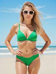 Nuevo traje de baño de dos piezas de color sólido para mujer, ideal para la playa y la . - verde esmeralda - Ver 8