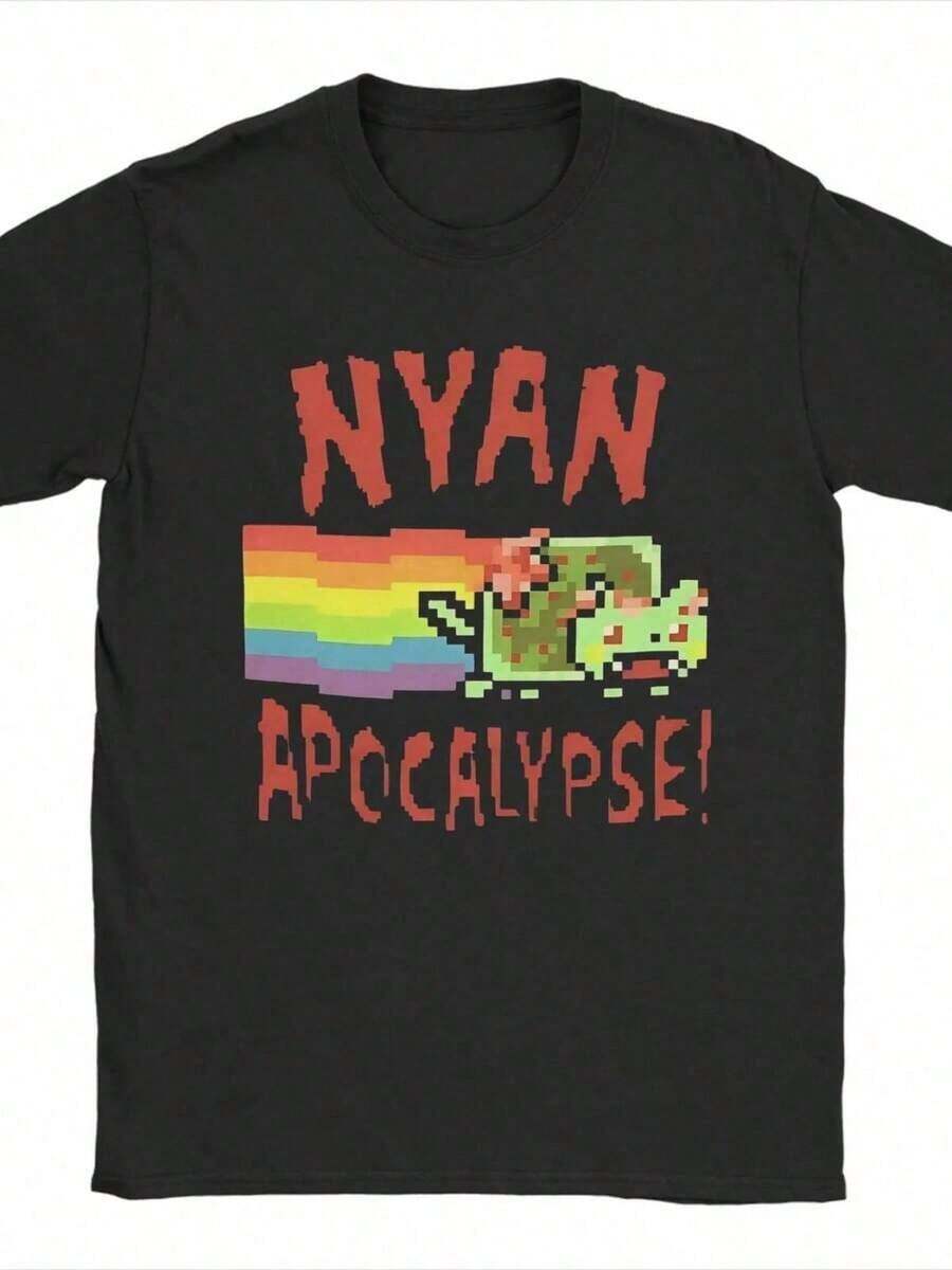 1 camiseta casual 100% algodón para mujer, deportiva, adecuada para usar en primavera, verano, otoño e invierno. Camisetas para parejas. Nuevo modelo 2026 con estampado de gato pixelado con arcoíris y texto "nyan apocalypse". Camiseta casual versátil estampada. - Negro - Ver 1