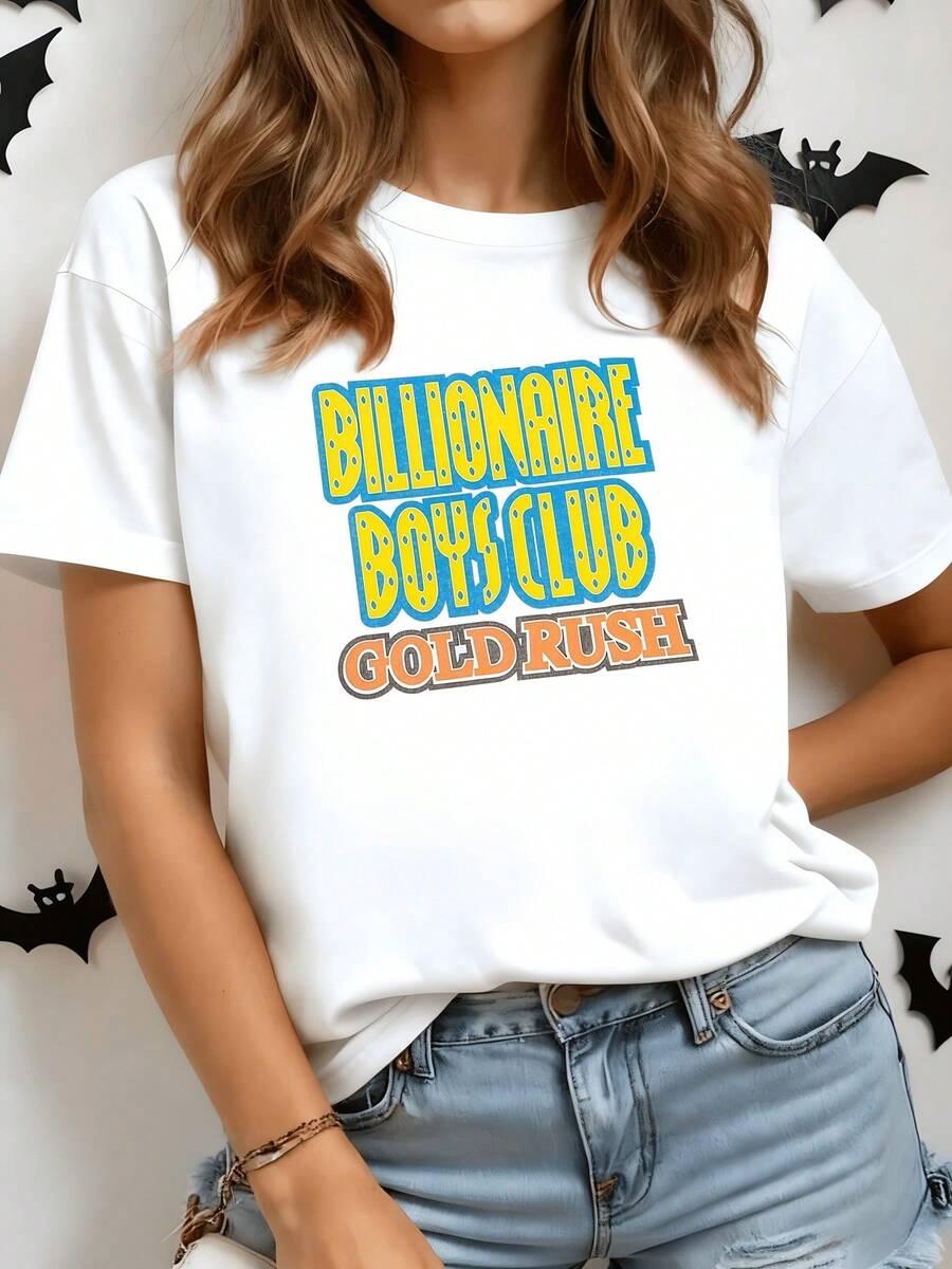 Retro Typography In Blue And Gold Tones Symbolizing Energy, Wealth, And An Adventurous Spirit. Women's Casual, Modern, Comfortable T-Shirt For Everyday Wear. - 白色 - 查看 1