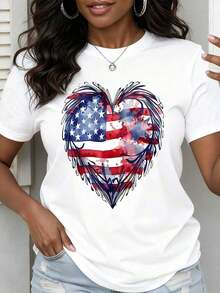 Camiseta Suave y Moderna para Mujer con Estampado de Corazón y Bandera Americana, Top Casual de Verano para Celebraciones Patrióticas del Día de la Independencia - Blanco - Ver 2