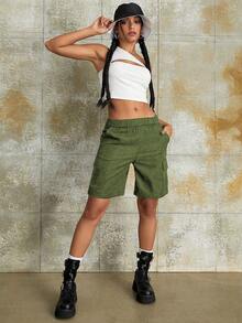 1 Peça Shorts Cargo Casual Solto para Adolescentes Femininas com Múltiplos Bolsos, Estilo Esportivo Chique, Shorts Utilitários para Uso Externo, Primavera/Verão - Verde Militar - Visão 6