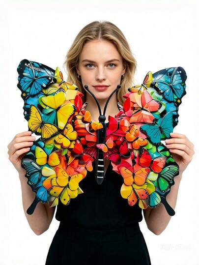 1Pc Large 40Cm Colorful Butterfly Metal Wall Art, 3D Stacked Butterfly Design, Weatherproof Outdoor Wall Decor, Vibrant Multicolor Butterfly Sculpture, For Patio, Fence, Garden, Yard, Living Room, Bedroom, Home Decor, Perfect Housewarming Gift For Nature Lovers