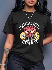 Women's Casual Sports T-Shirt With Colorful Brain And Weights Design - Black Elastic Round Neck T-Shirt, Machine Washable, Comfortable Fit And Perfect For All Seasons, For Fitness And Daily Activities. - 黑色 - 查看 1