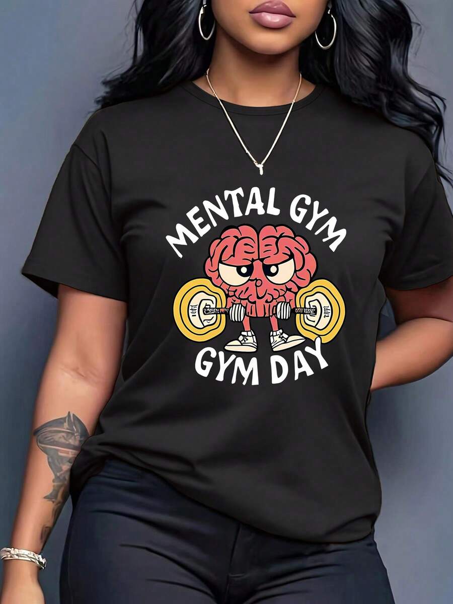 Women's Casual Sports T-Shirt With Colorful Brain And Weights Design - Black Elastic Round Neck T-Shirt, Machine Washable, Comfortable Fit And Perfect For All Seasons, For Fitness And Daily Activities. - 黑色 - 查看 1