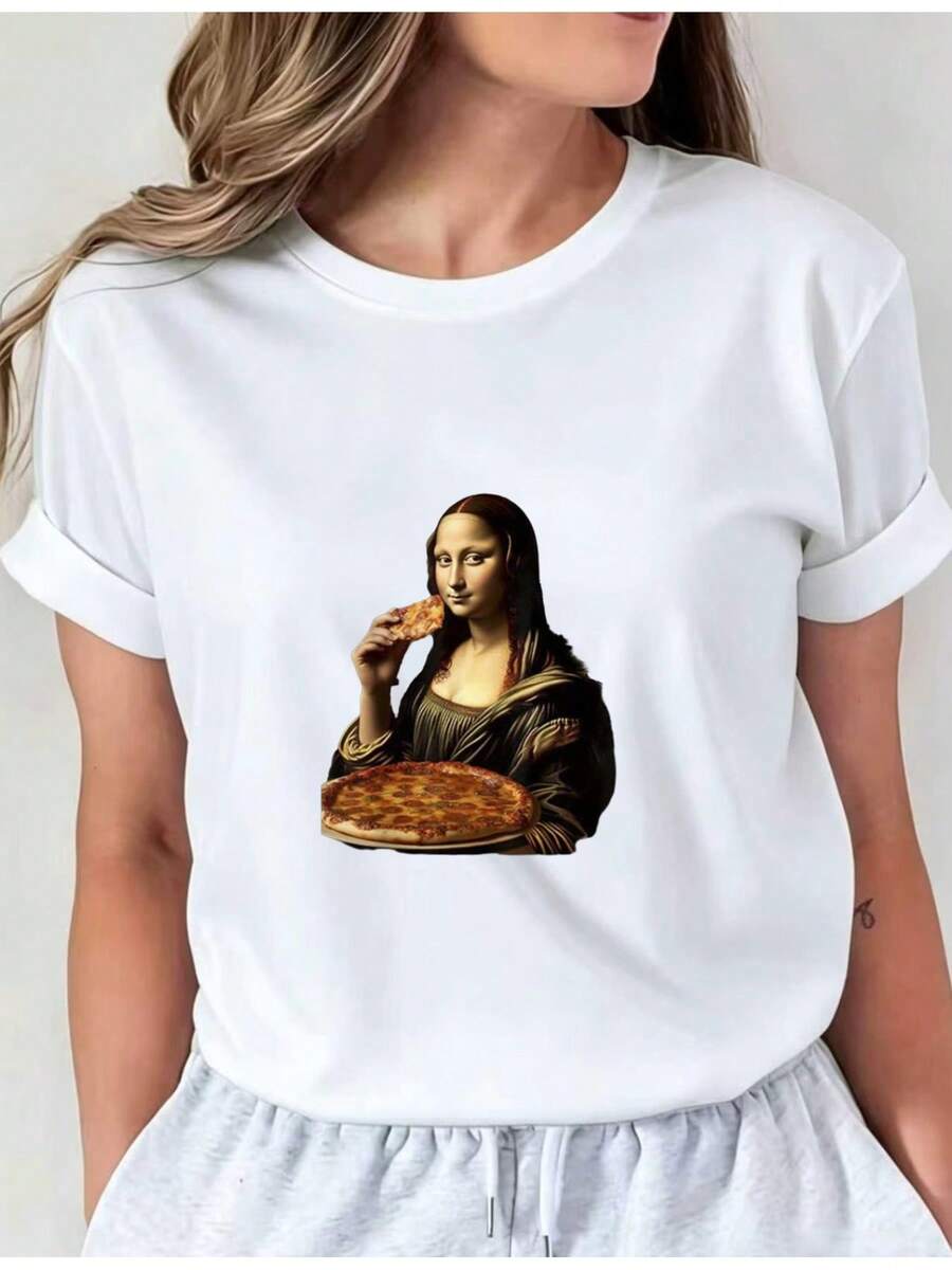 Camiseta Estampada para Mujer - Camiseta Casual de Manga Corta y Cuello Redondo con Gráfico de Pie de la Mona Lisa. Con un Corte Relajado para Todas las Estaciones, Perfecta para el Uso Diario y Atuendos de Vacaciones (Lavable aáquina). - Blanco - Ver 1
