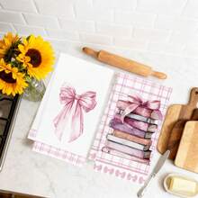2 pièces/set Serviettes de cuisine à motif nœud papillon et livre à carreaux roses, 40*60cm en microfibre douce, convient pour la maison, la cuisine, le restaurant, le camping extérieur, le nettoyage de table, le séchage de la vaisselle, les cadeaux - Multicolore - Voir 5