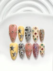 10件組奢華手工穿戴式假指甲，飾有彩色圓形、愛心與星形水鑽，時尚風格，附指甲工具，3種尺寸可選：方形、短方形、杏仁形，適合派對、跳舞、日常配戴 - 彩色 - 查看 19