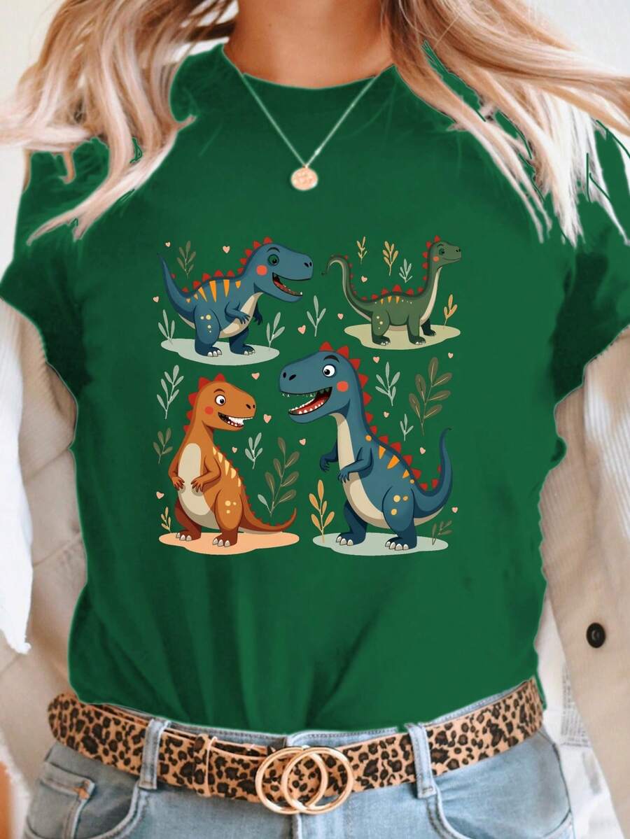 Camiseta de Mujer con Estampado de Dinosaurios de Dibujos Animados - Camiseta casual de manga corta y cuello redondo, con un vibrante diseño de dinosaurios y hojas, elasticidad media, lavable a máquina, ajuste cómodo para todas las estaciones, camiseta gráfica divertida con temática de dinosaurios, blusas para mujer de tela de elasticidad media. - Verde - Ver 1