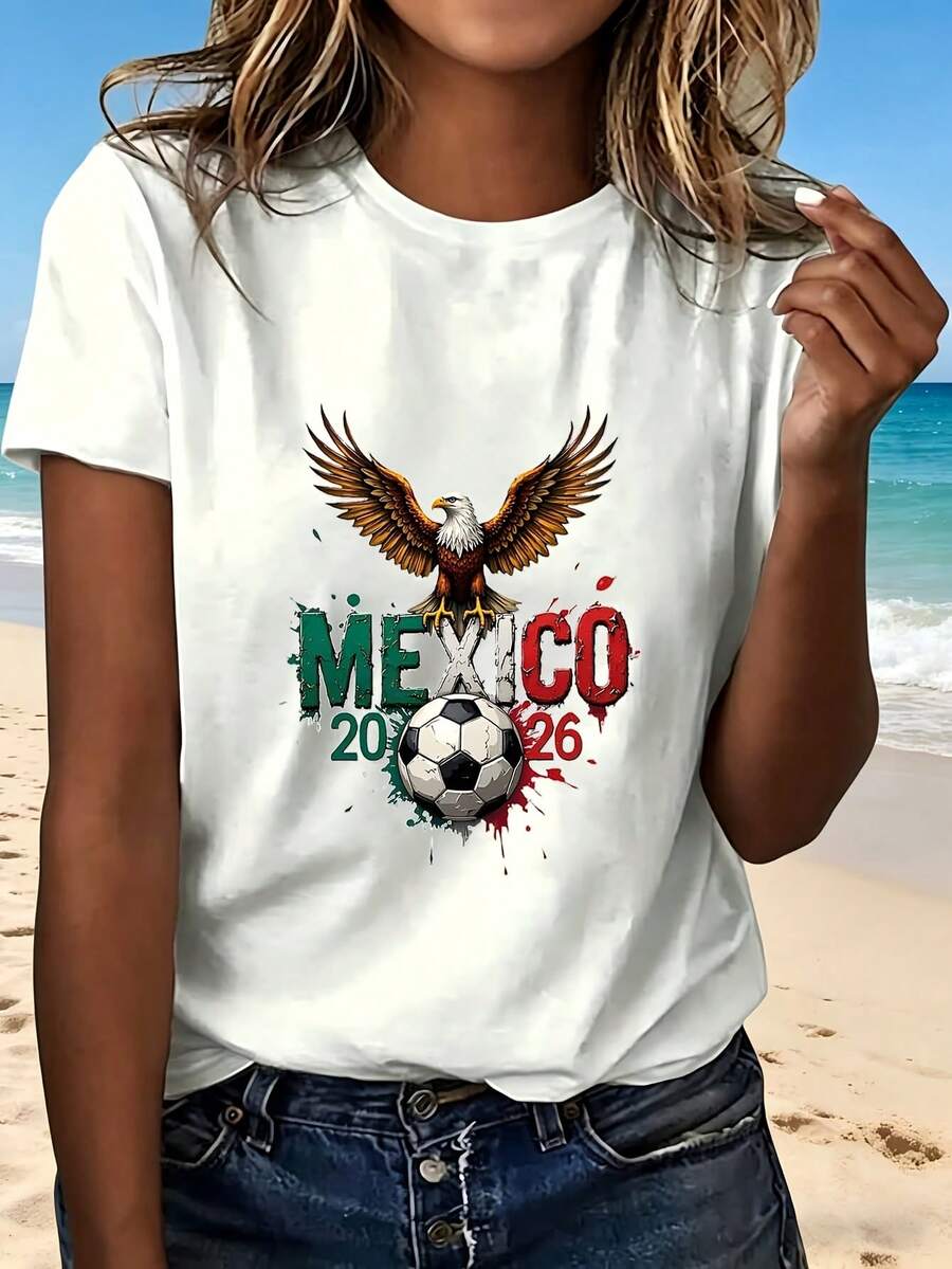 Mexico 2026 Soccer Eagle Design T Shirt Fashion Trendy Casual Wear For Beach And Outdoor Activities Perfect Gift For Football Fans - Blanco - Ver 1