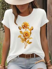 Women's T-Shirt With A Vintage Rose Print, Short Sleeves, And A Round Neck. The Gold Rose Flowers Add A Touch Of Luxury, Creating A Casual And Versatile Style. JQTF - 白色 - 查看 6