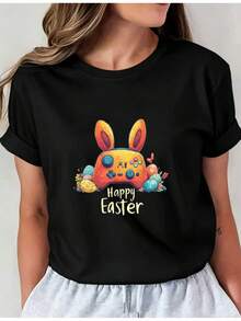 Camiseta Deportiva Casual para Mujer de Manga Corta Negra con Colorido Diseño de Conejo de Pascua - Camiseta Elástica de Cuello Redondo, Lavable aáquina, Ajuste Cómodo y Apta para Todas las Estaciones. - Negro - Ver 1