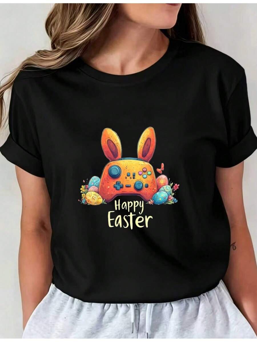 Camiseta Deportiva Casual para Mujer de Manga Corta Negra con Colorido Diseño de Conejo de Pascua - Camiseta Elástica de Cuello Redondo, Lavable aáquina, Ajuste Cómodo y Apta para Todas las Estaciones. - Negro - Ver 1